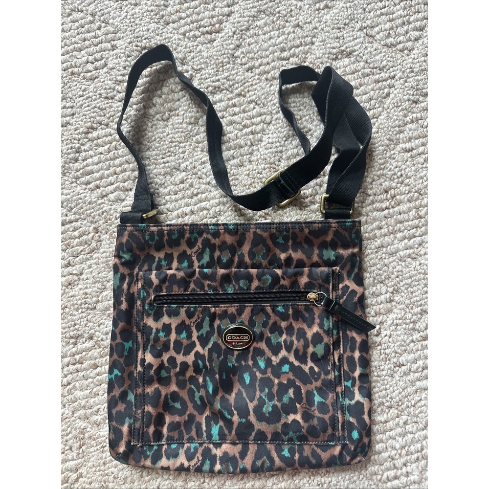 Coach Brown Turquoise Ocelot Leopard Print Swing Pack Crossbody Bag Purse EUC